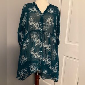 Dark Green Hi-Low Tunic Floral Sheer Blouse